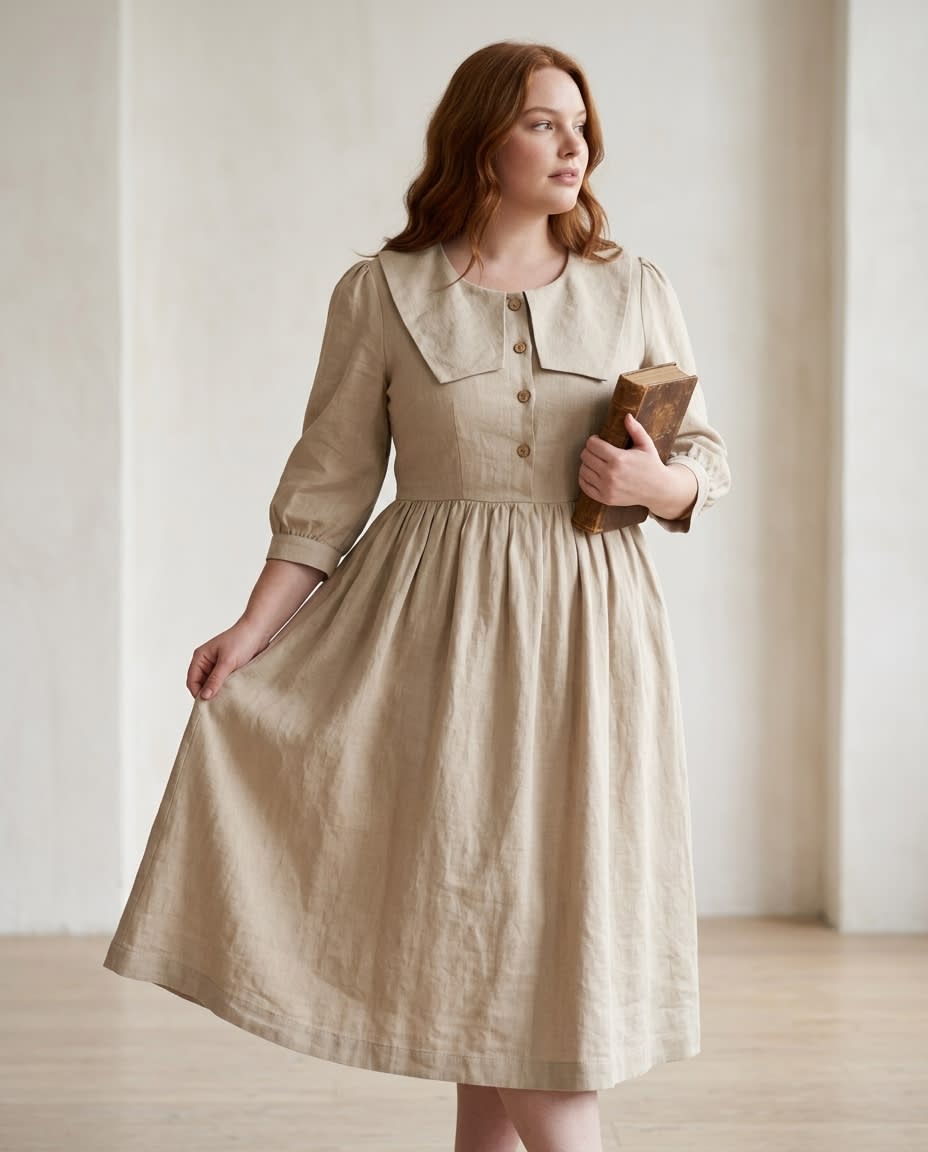 Sailor Collar Linen Midi Dress