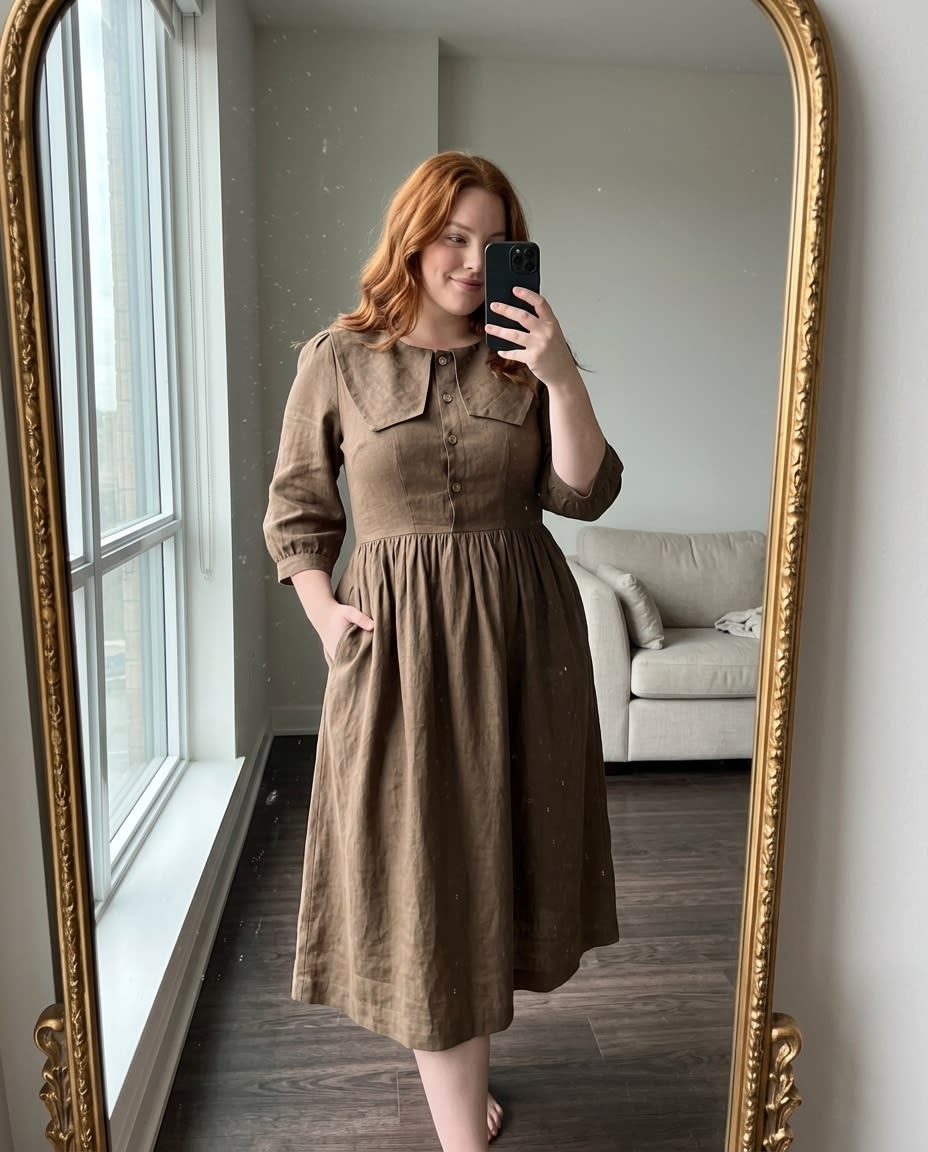 Sailor Collar Linen Midi Dress