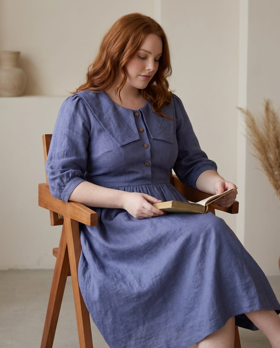 Sailor Collar Linen Midi Dress