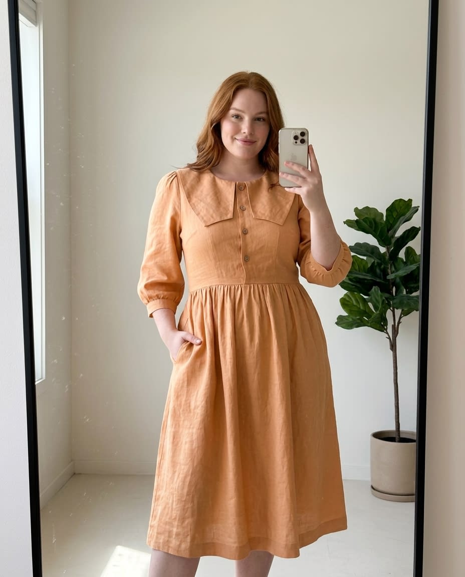 Sailor Collar Linen Midi Dress