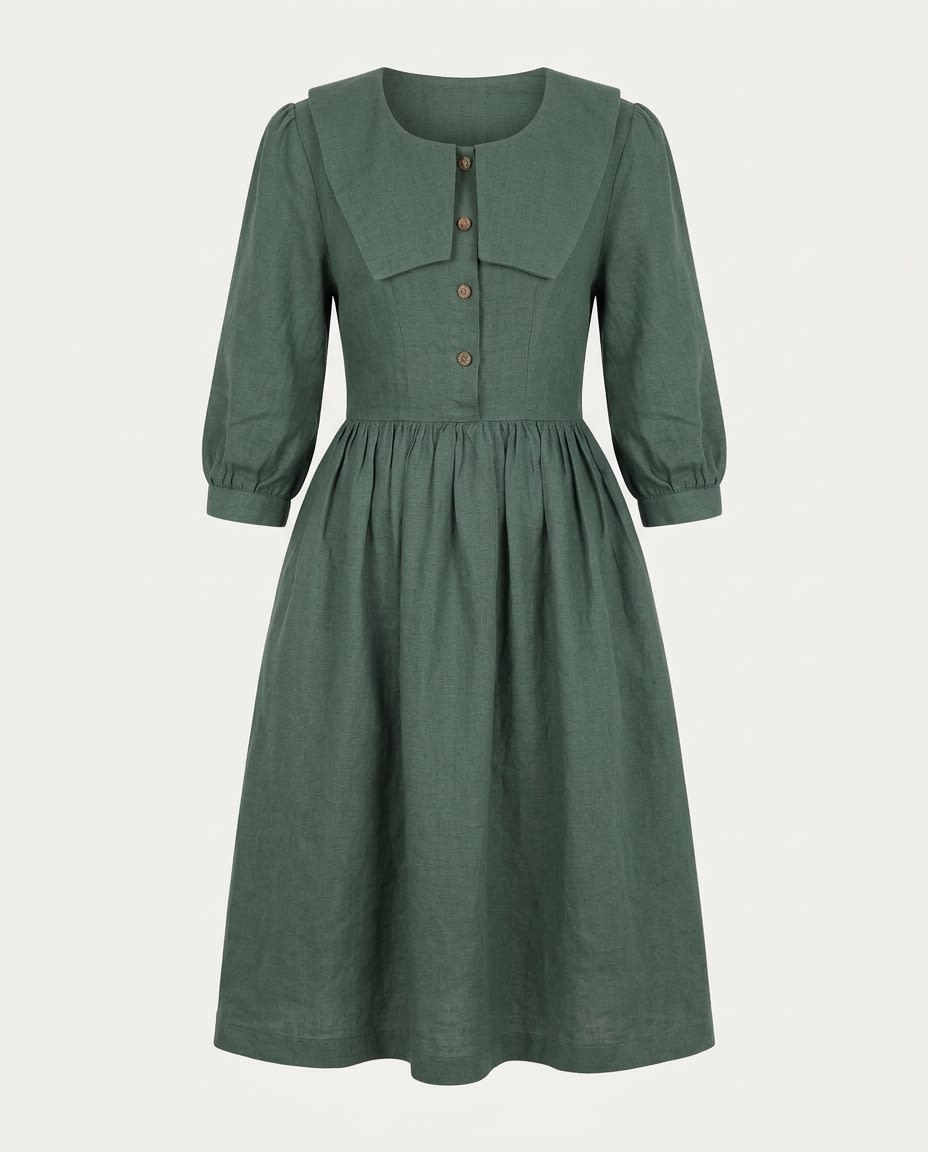 Sailor Collar Linen Midi Dress