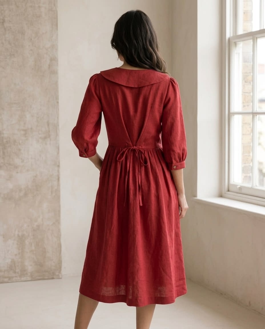 Sailor Collar Linen Midi Dress