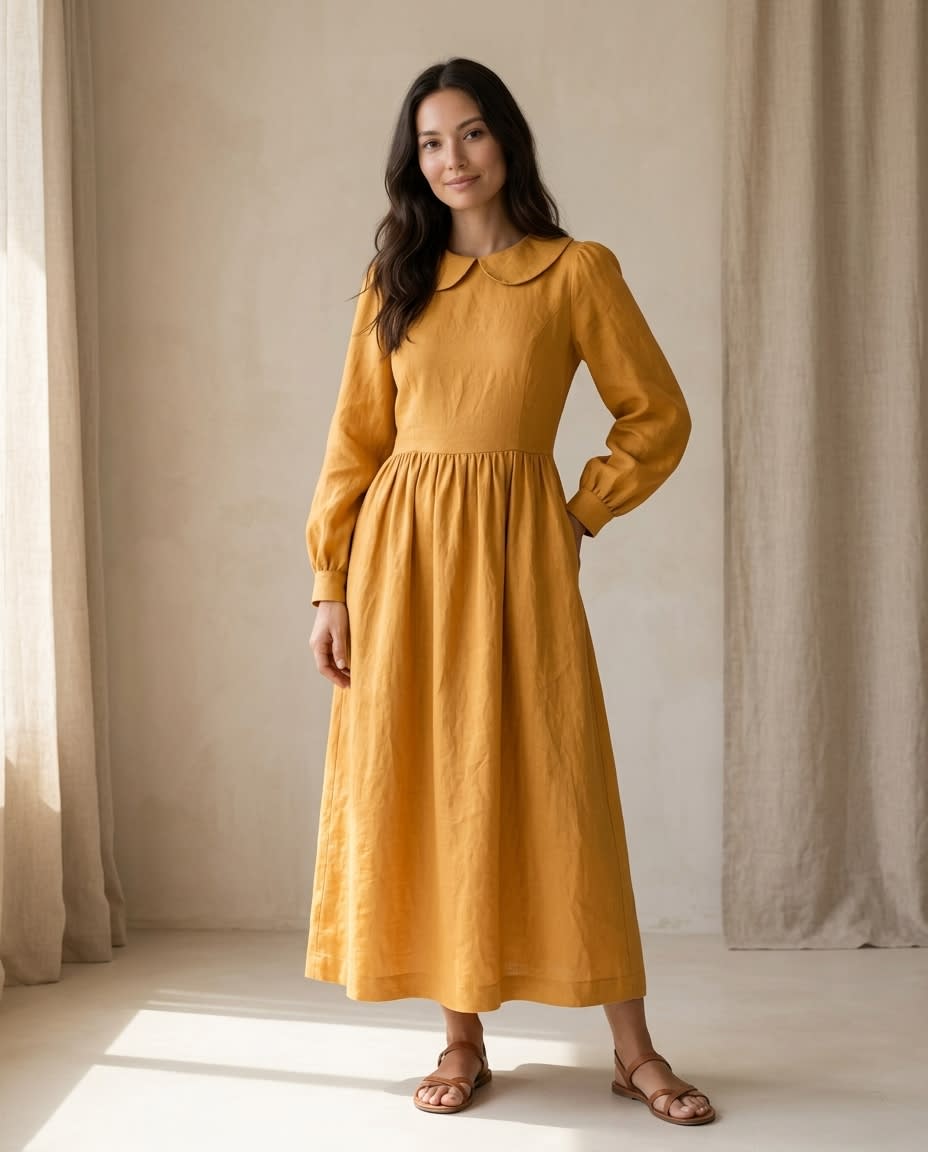 Peter Pan Collar Linen Midi Dress