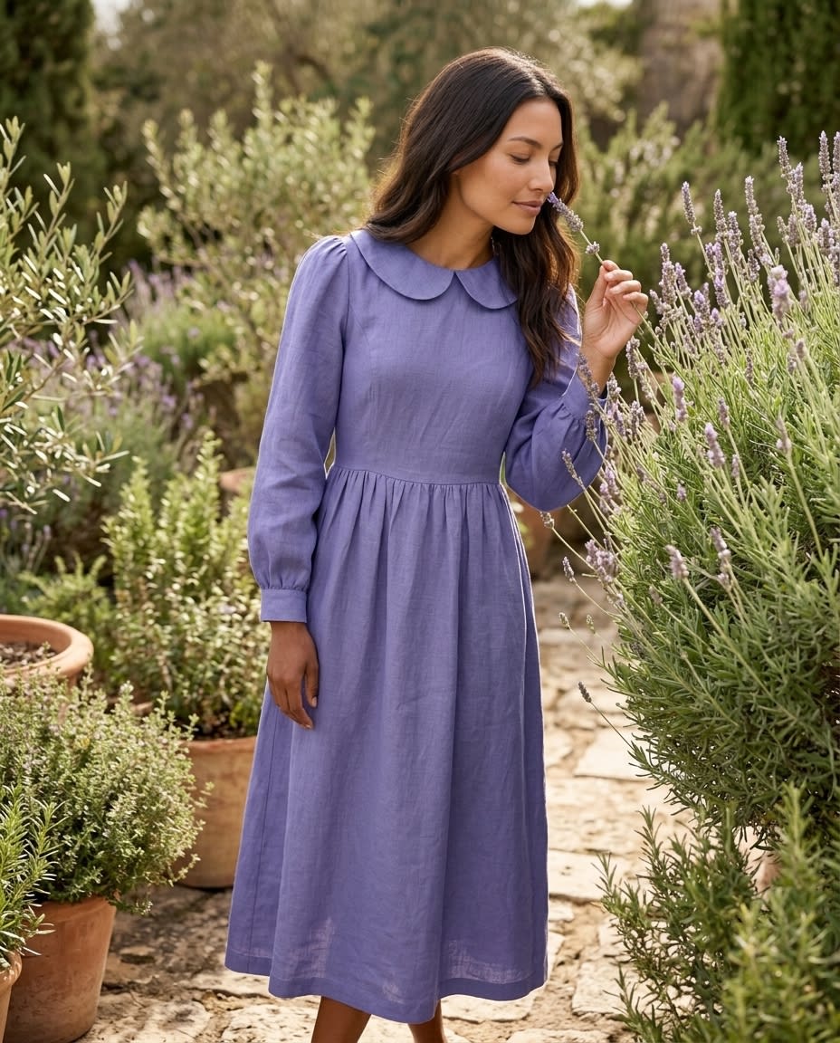 Peter Pan Collar Linen Midi Dress