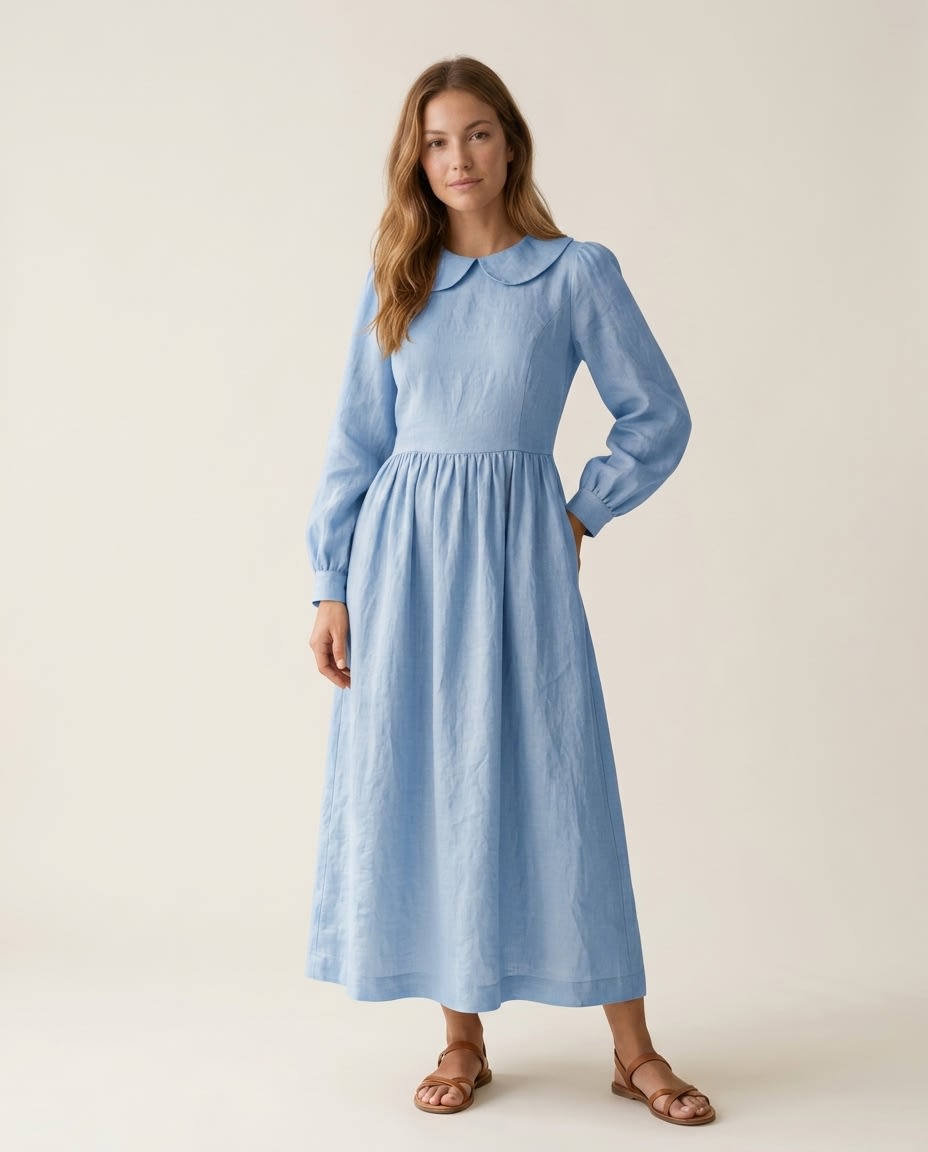 Peter Pan Collar Linen Midi Dress