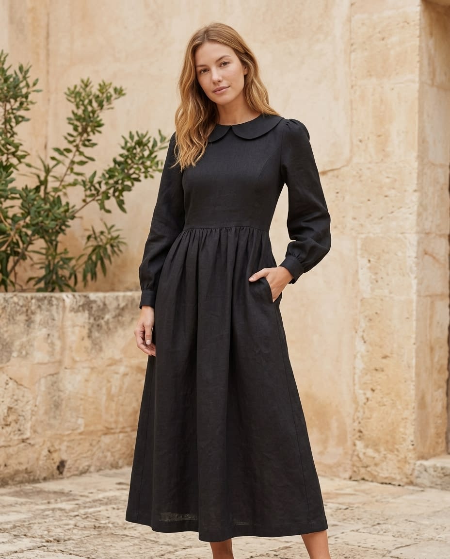 Peter Pan Collar Linen Midi Dress