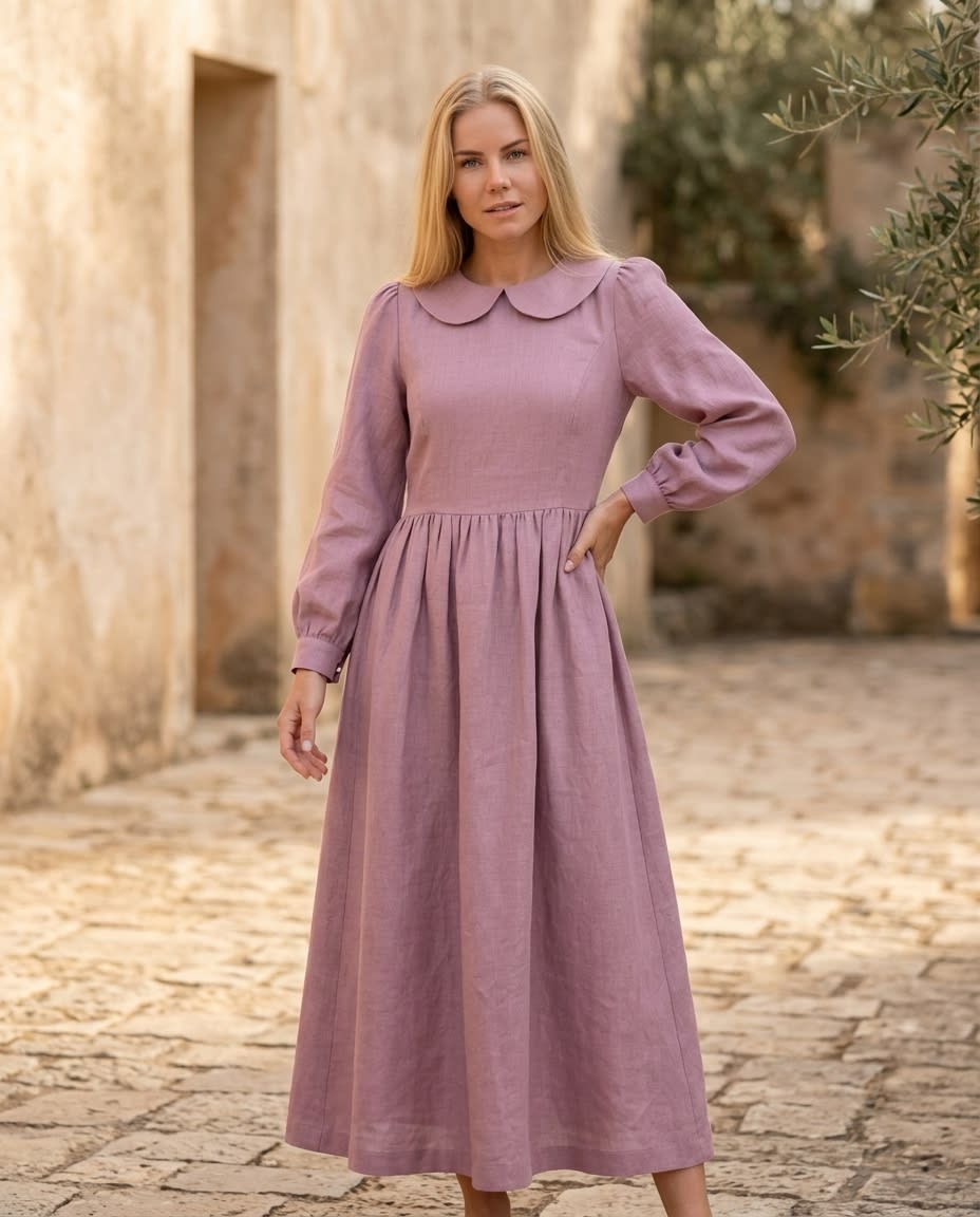 Peter Pan Collar Linen Midi Dress