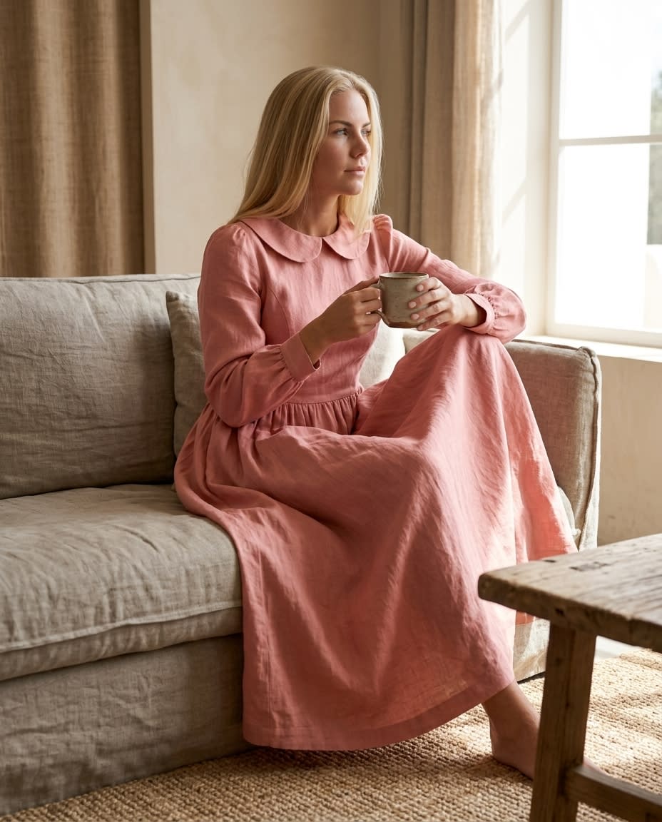 Peter Pan Collar Linen Midi Dress