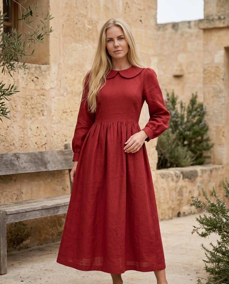 Peter Pan Collar Linen Midi Dress