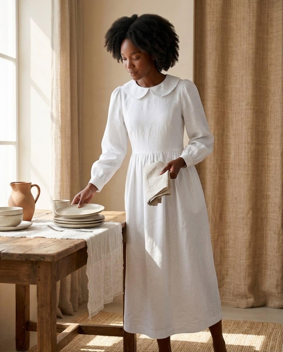 Peter Pan Collar Linen Midi Dress