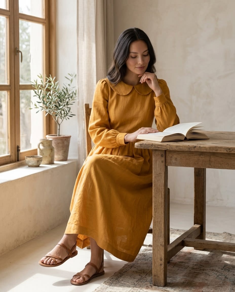 Peter Pan Collar Linen Midi Dress