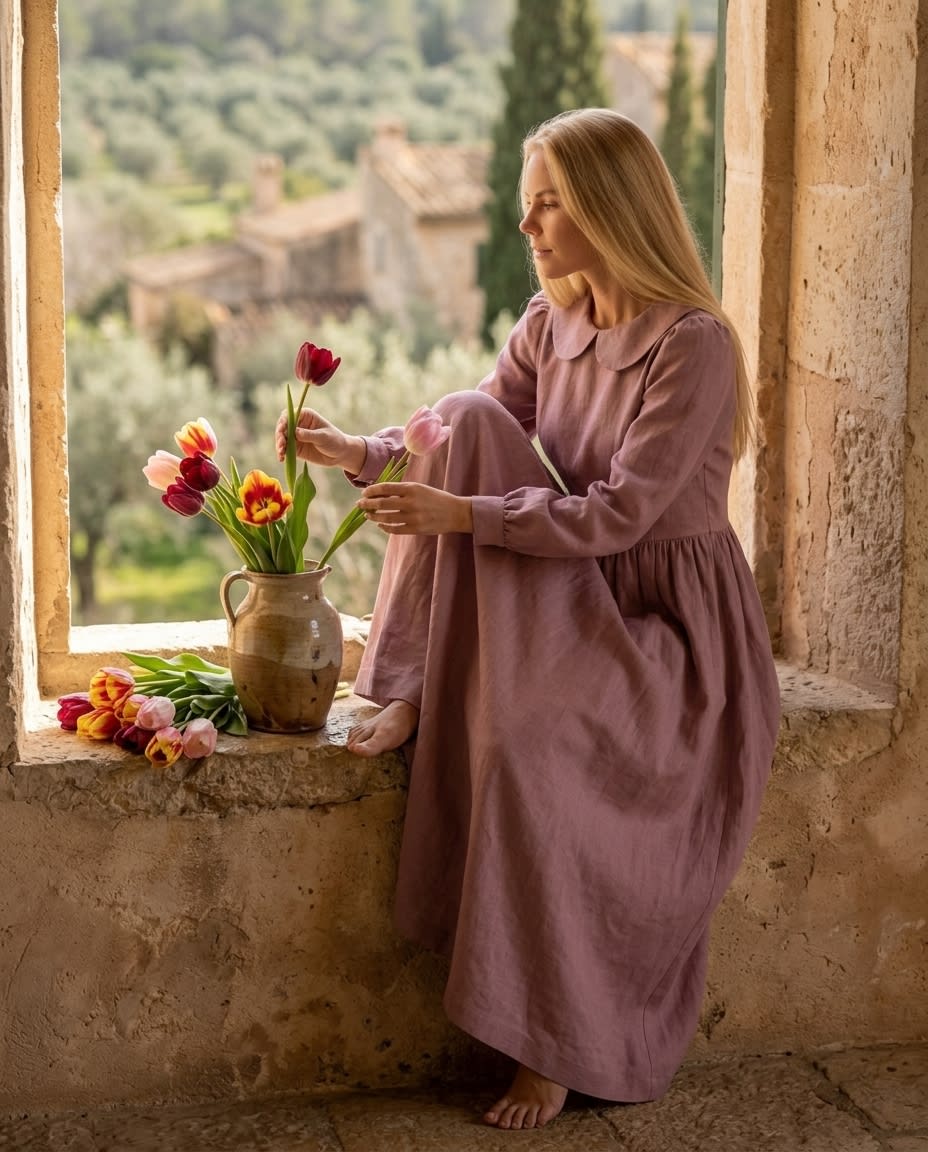 Peter Pan Collar Linen Midi Dress