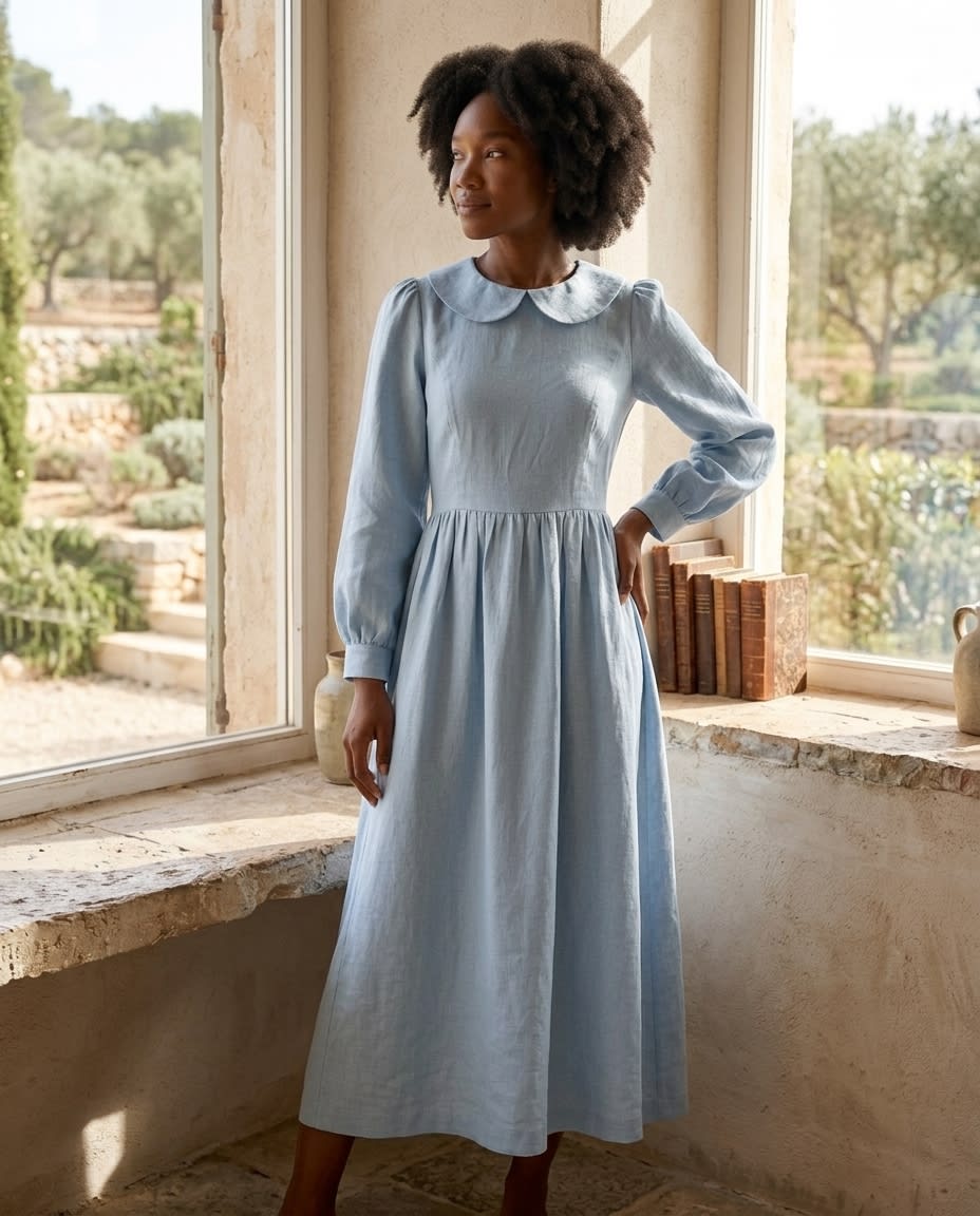 Peter Pan Collar Linen Midi Dress