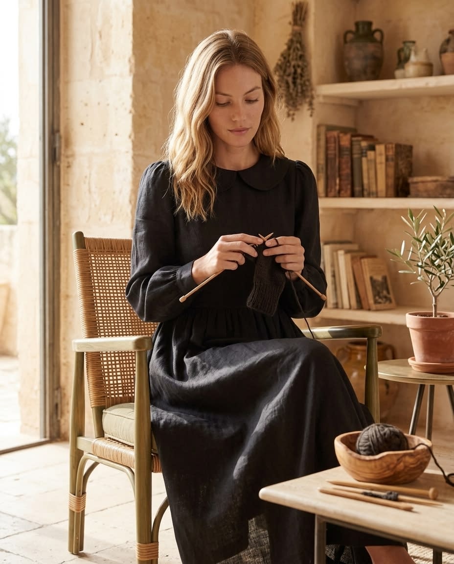 Peter Pan Collar Linen Midi Dress