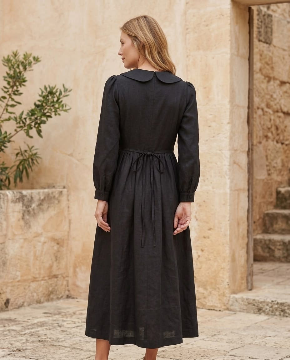 Peter Pan Collar Linen Midi Dress