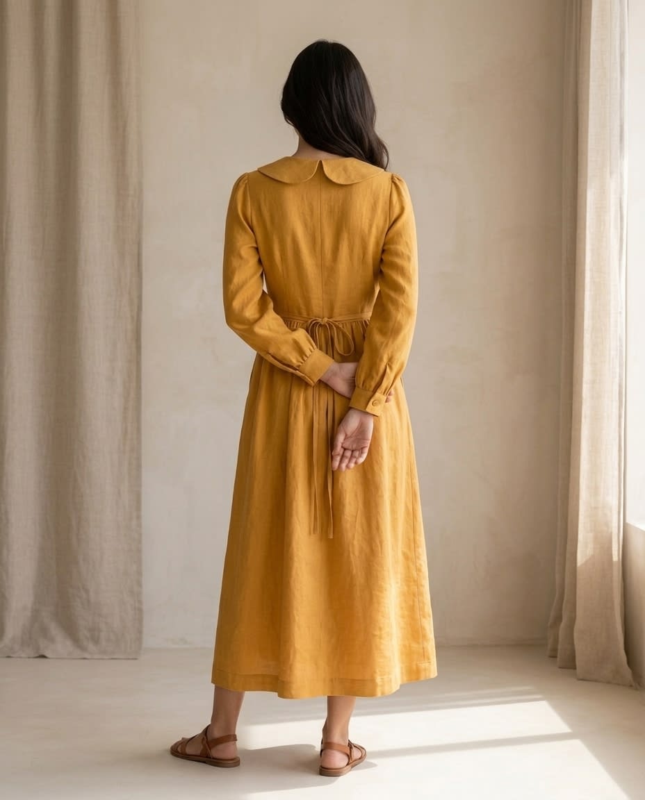 Peter Pan Collar Linen Midi Dress