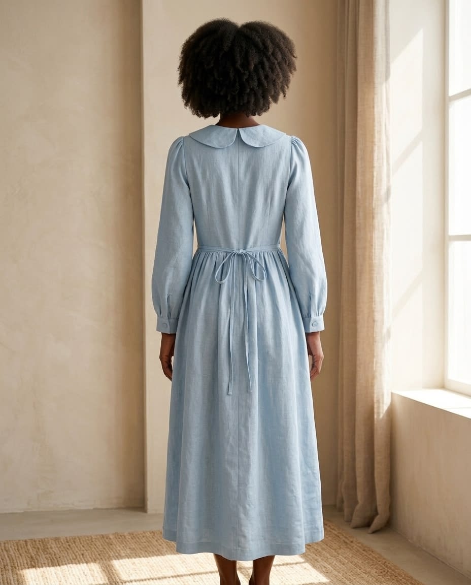 Peter Pan Collar Linen Midi Dress