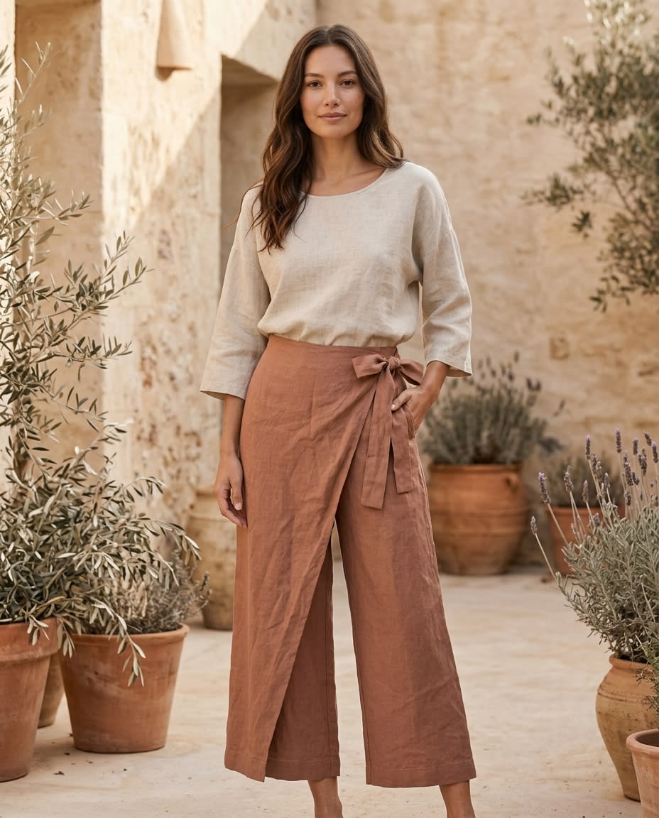 Wrap-Front Wide Leg Linen Culottes