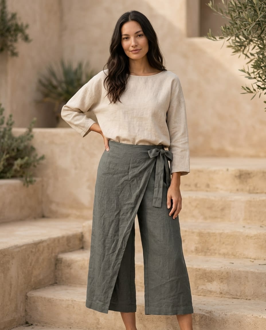 Wrap-Front Wide Leg Linen Culottes