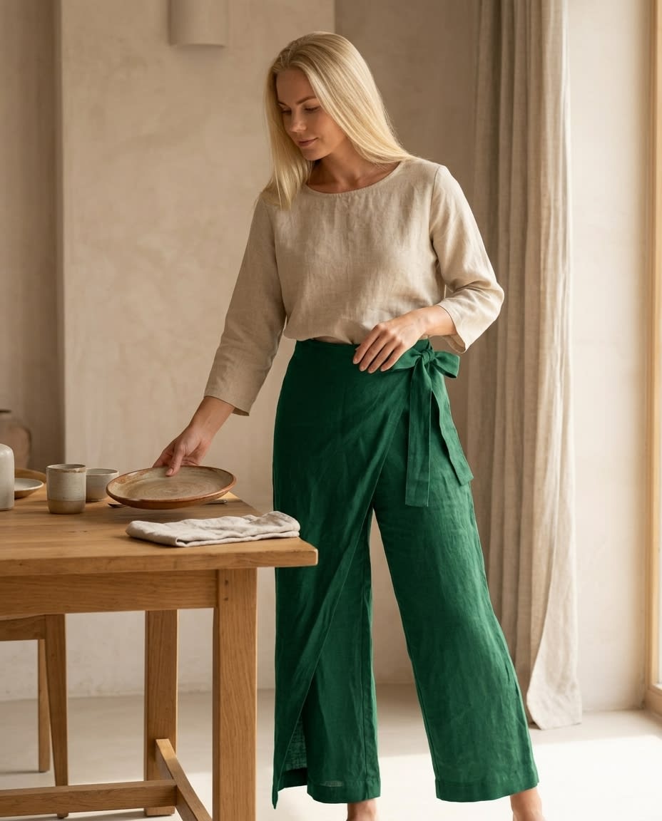 Wrap-Front Wide Leg Linen Culottes