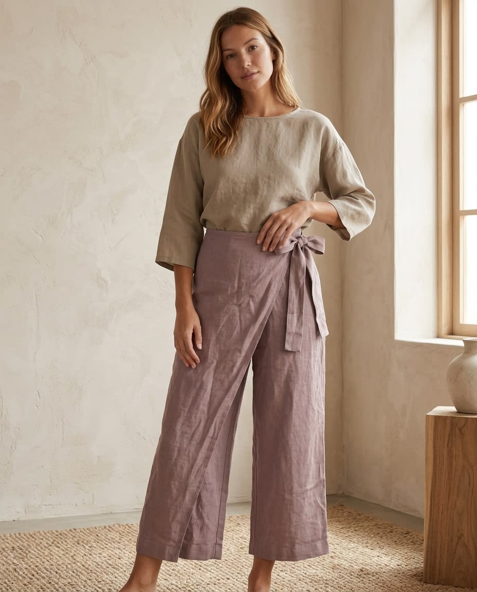 Wrap-Front Wide Leg Linen Culottes