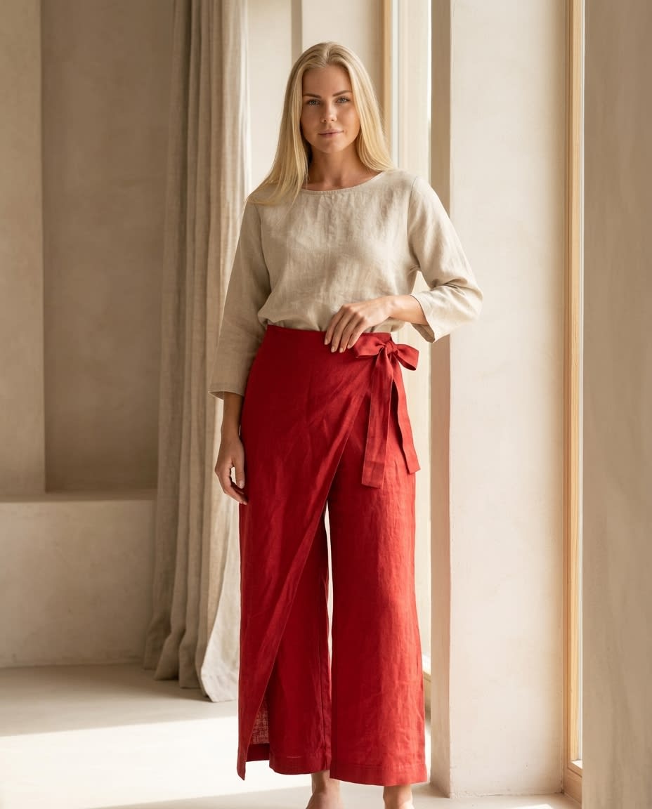 Wrap-Front Wide Leg Linen Culottes