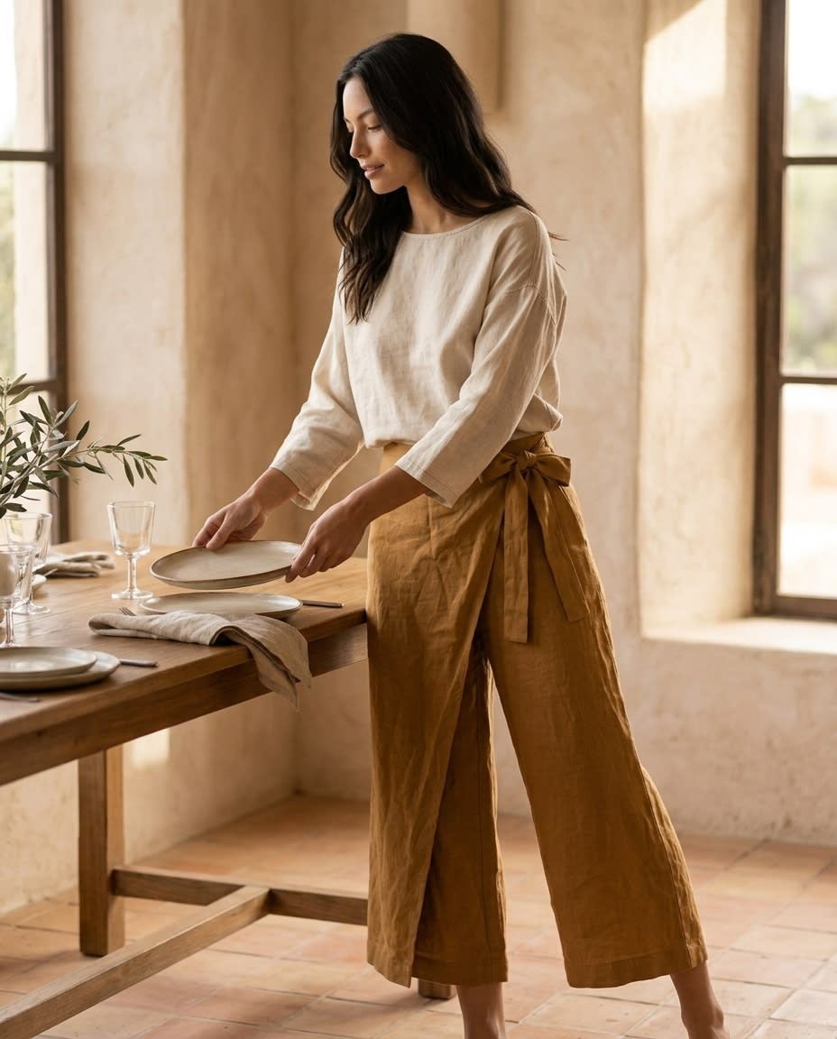 Wrap-Front Wide Leg Linen Culottes