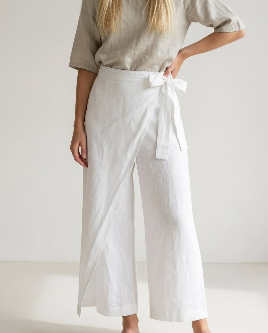Wrap-Front Wide Leg Linen Culottes