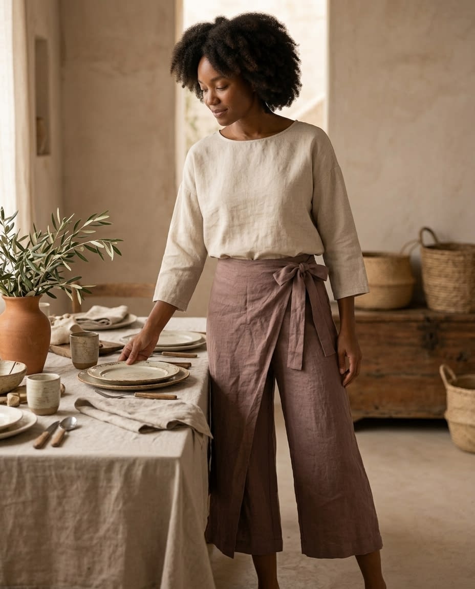 Wrap-Front Wide Leg Linen Culottes