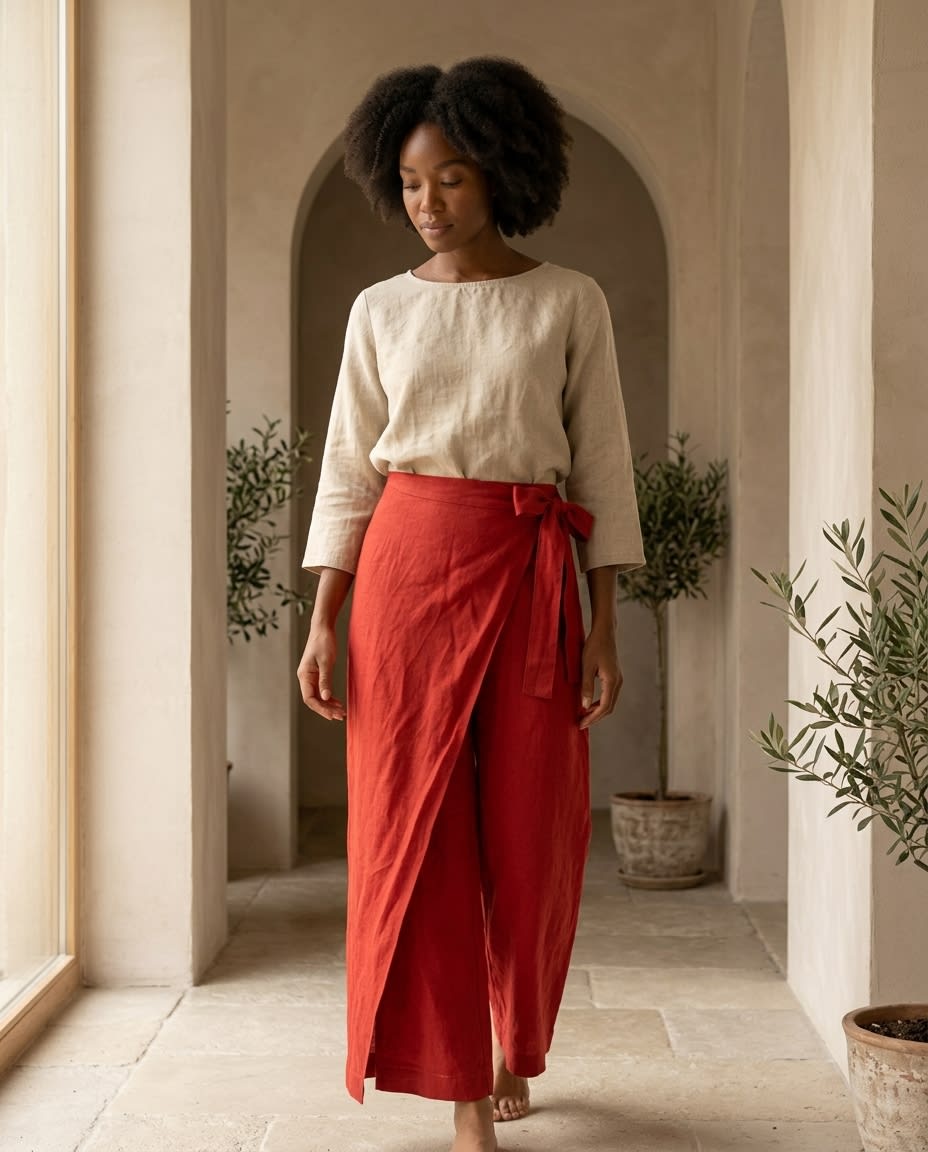 Wrap-Front Wide Leg Linen Culottes