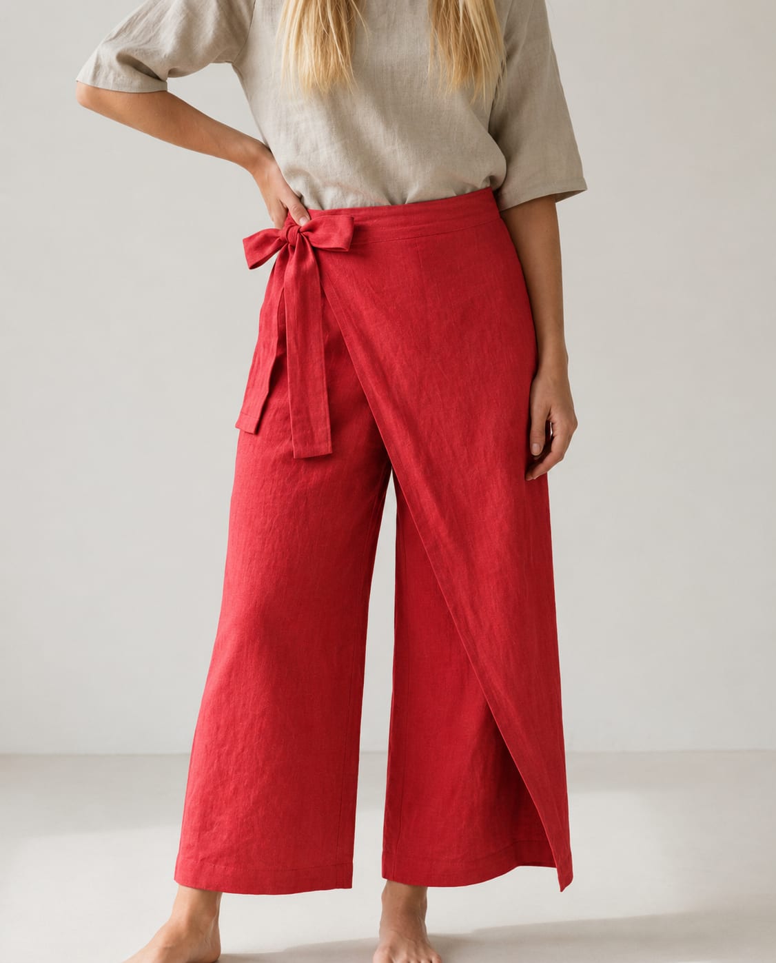 Wrap-Front Wide Leg Linen Culottes