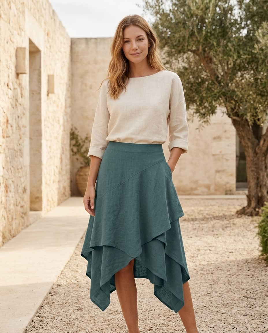 Layered Handkerchief Hem Linen Skirt