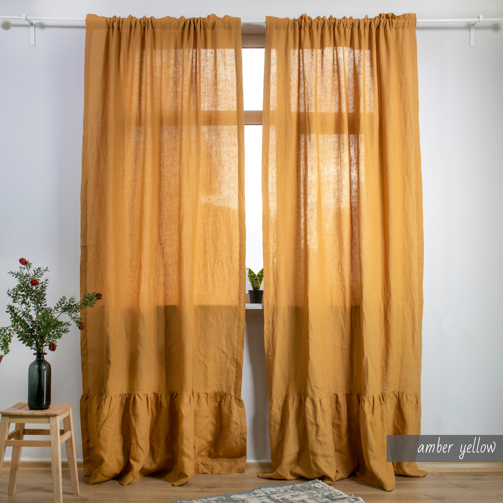 RUFFLED Linen Curtains with rod pocket 41 COLOR 100% Natural European Linen Farmhouse Kitchen Window Amber Yellow Saffron Ship from USA