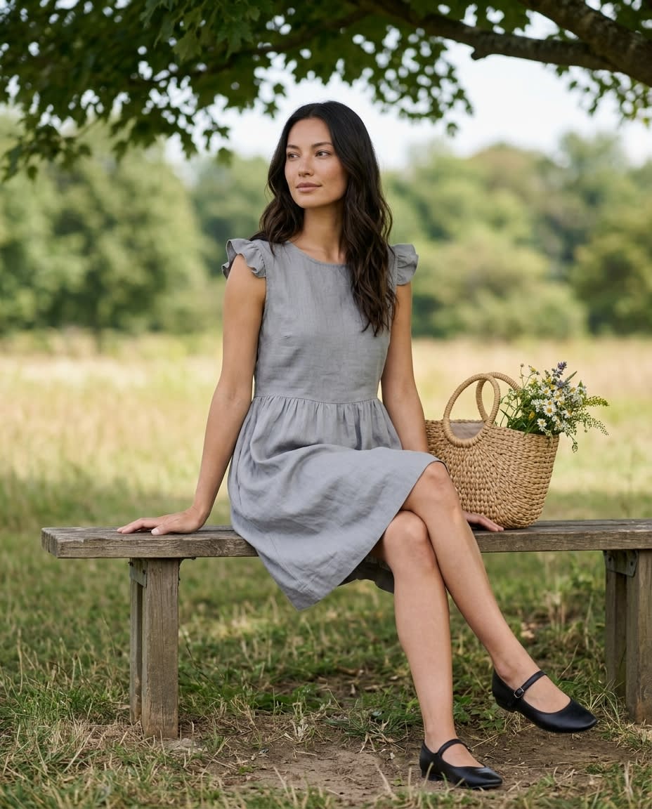 Flutter Sleeve Gathered Linen Dress