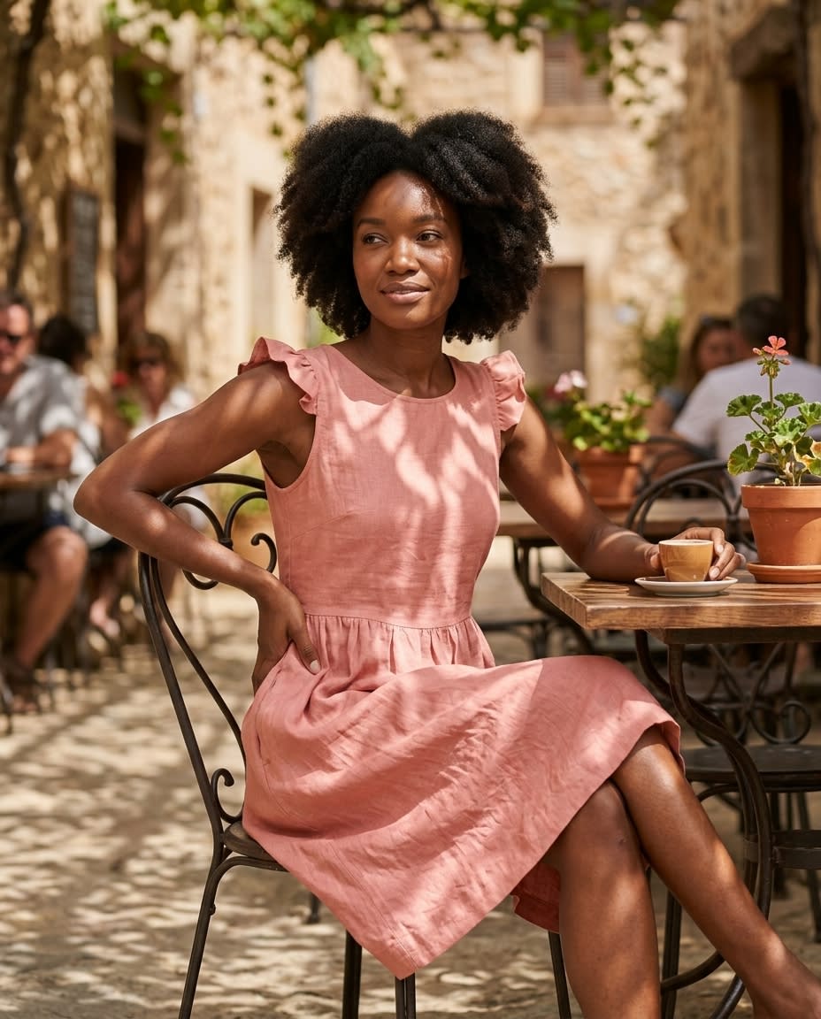 Flutter Sleeve Gathered Linen Dress
