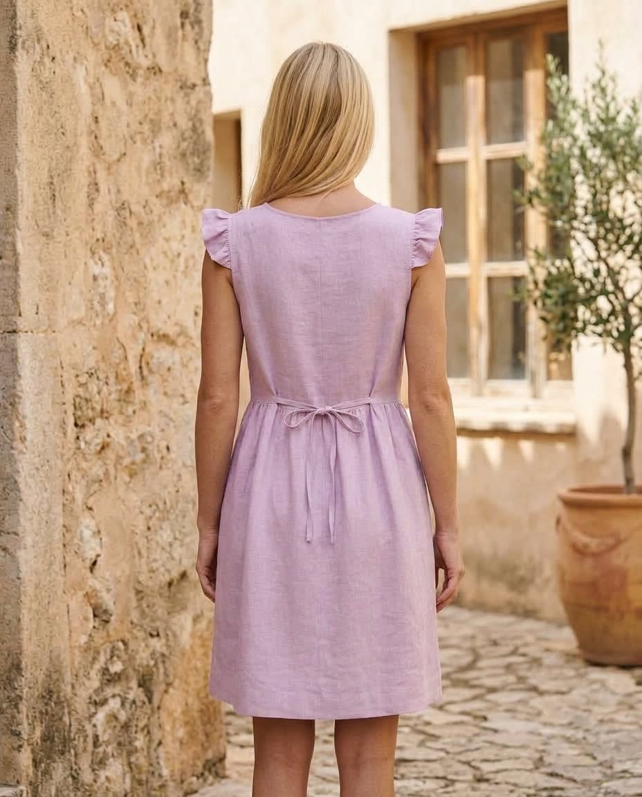 Flutter Sleeve Gathered Linen Dress