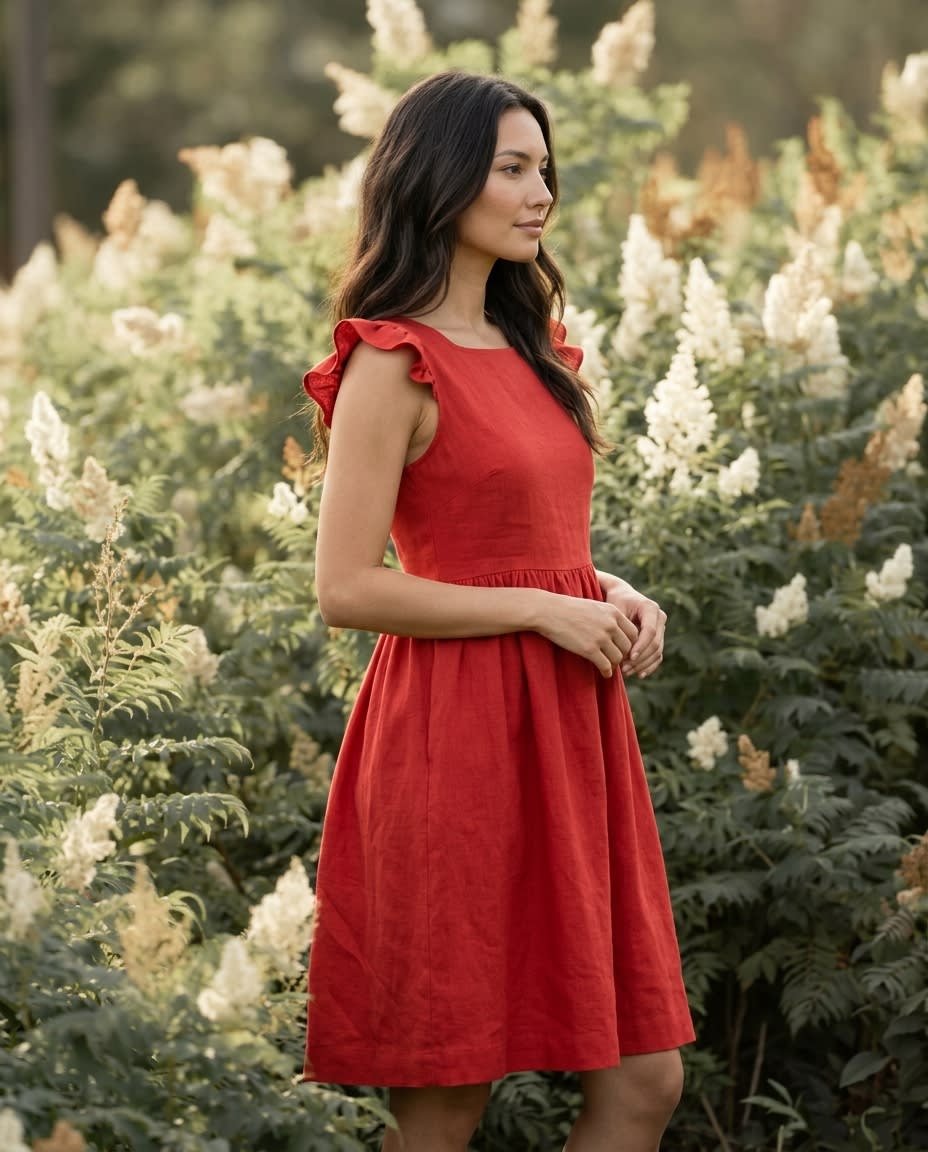 Flutter Sleeve Gathered Linen Dress
