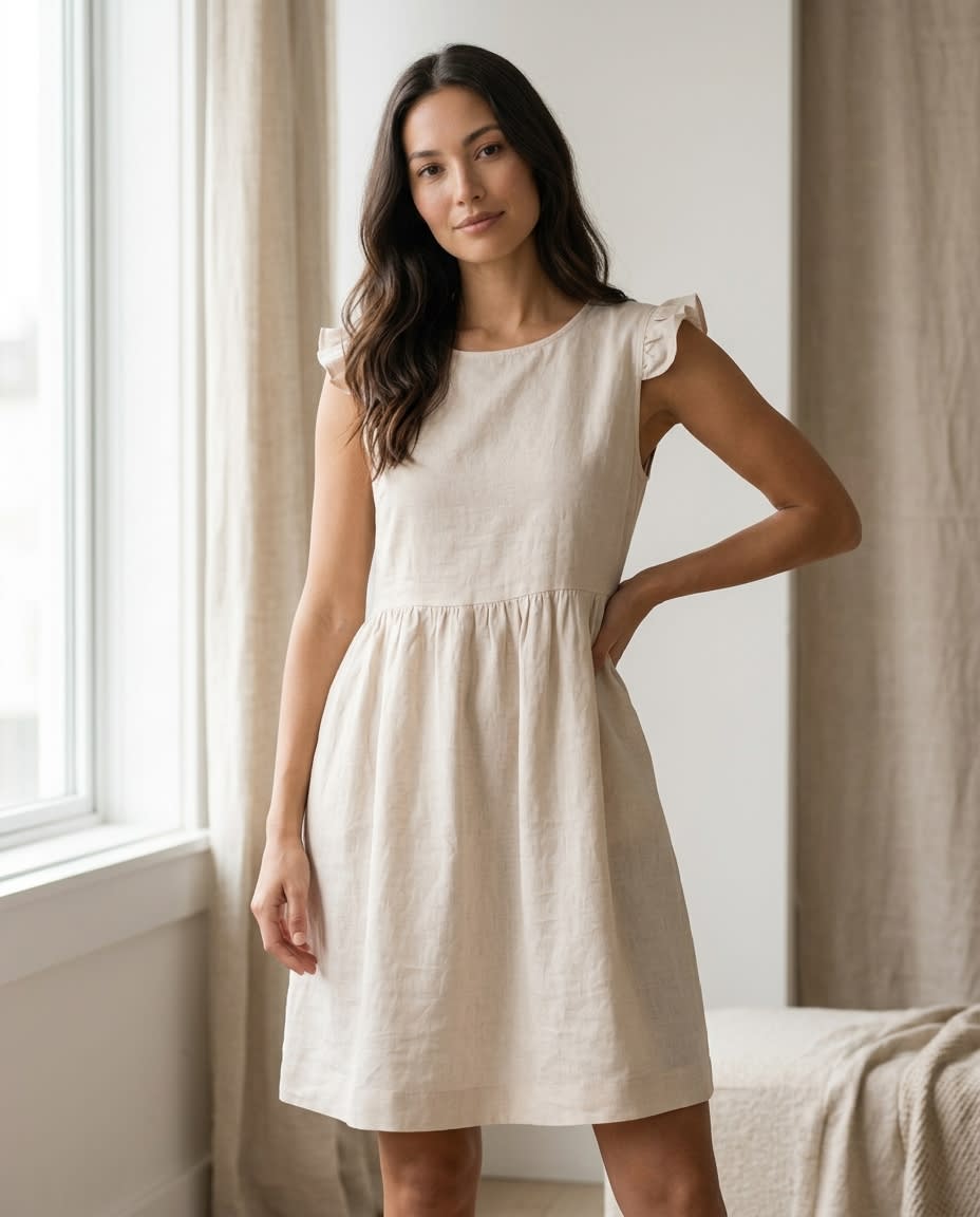 Flutter Sleeve Gathered Linen Dress