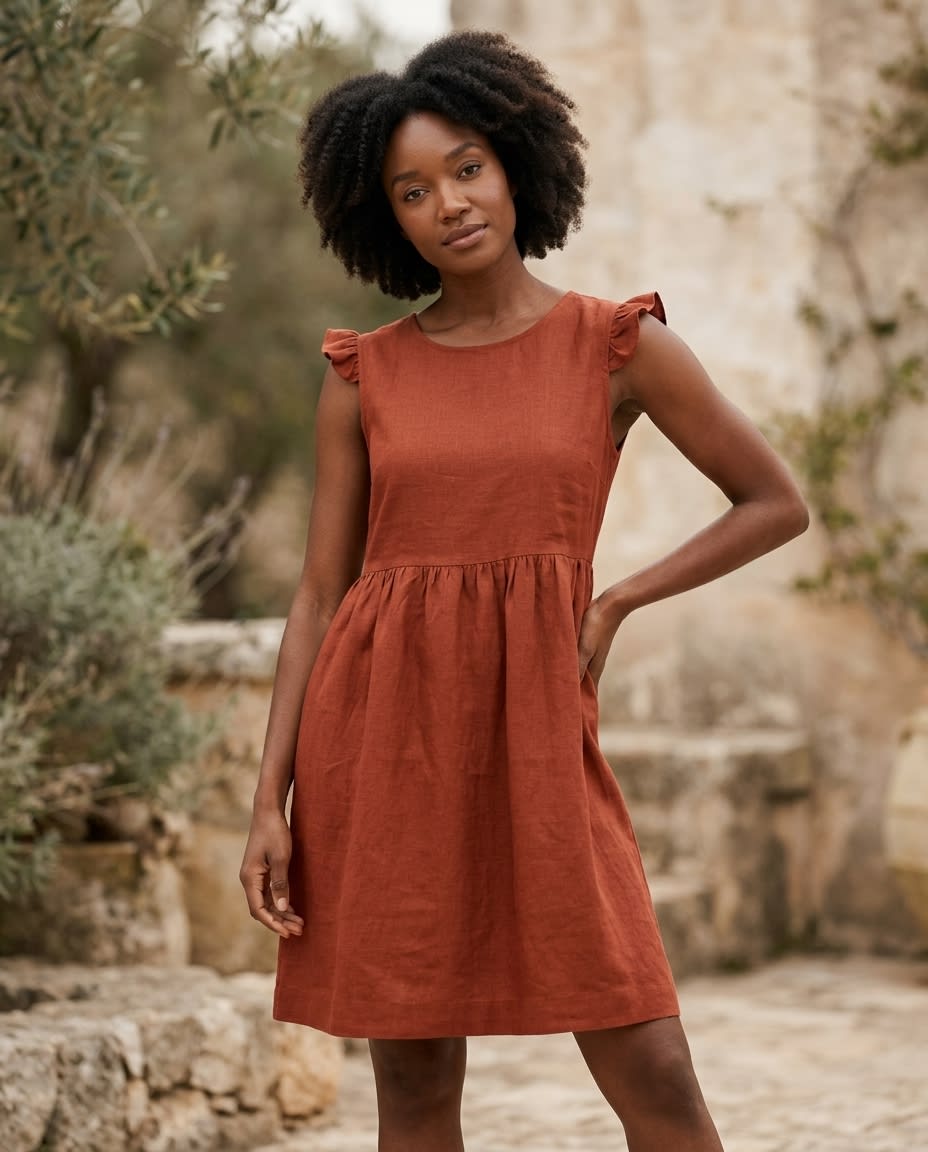 Flutter Sleeve Gathered Linen Dress