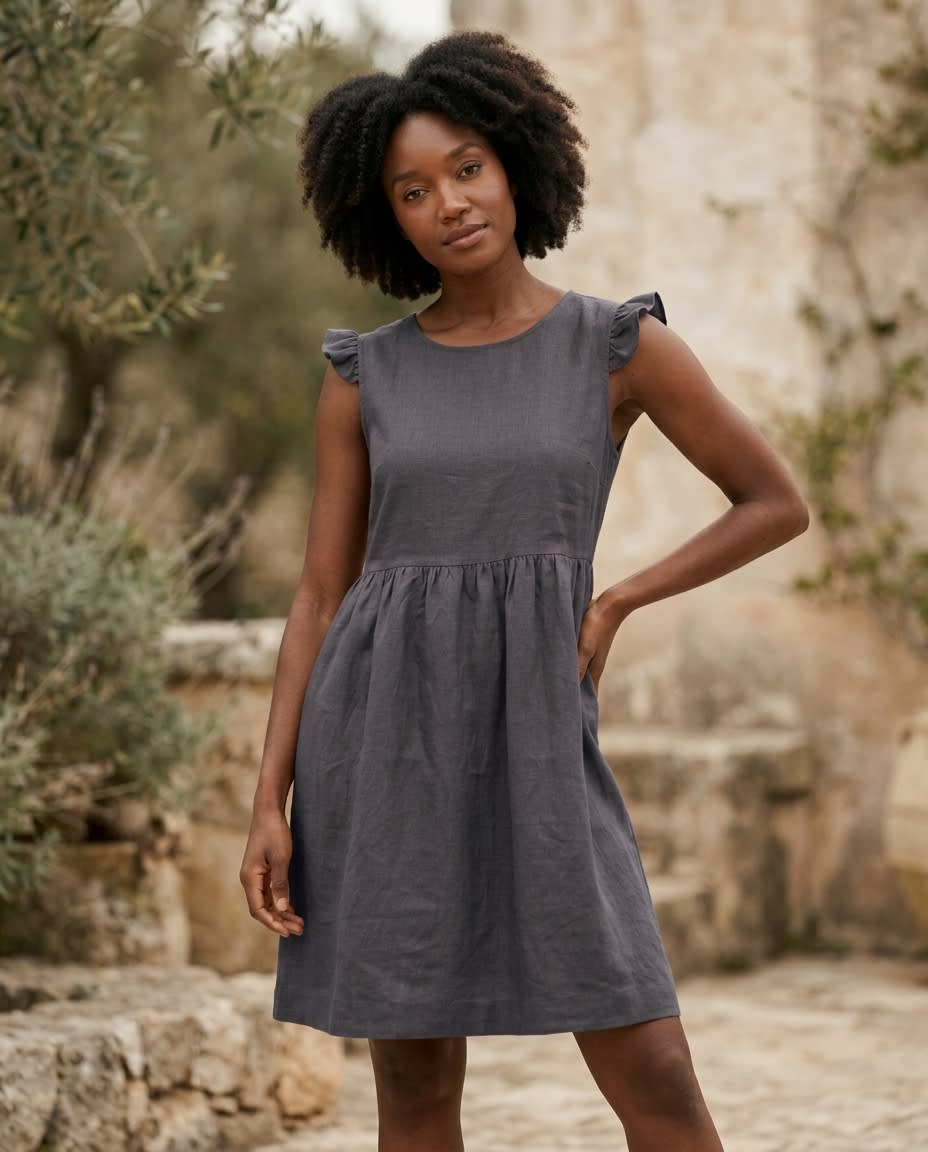 Flutter Sleeve Gathered Linen Dress