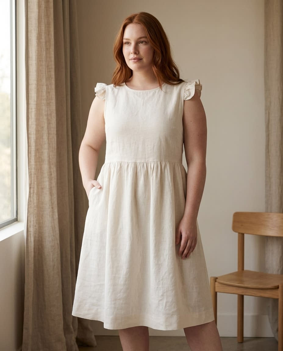 Flutter Sleeve Gathered Linen Dress