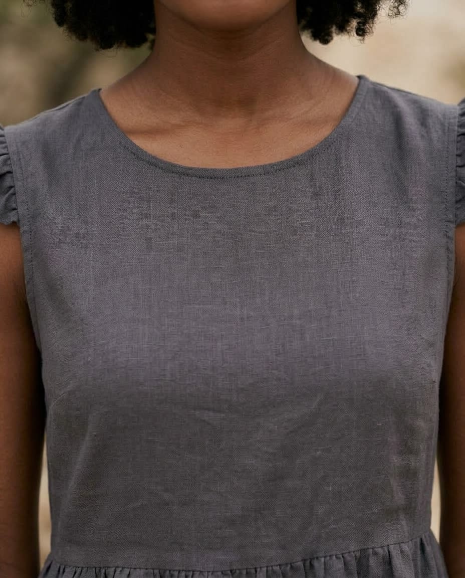 Flutter Sleeve Gathered Linen Dress