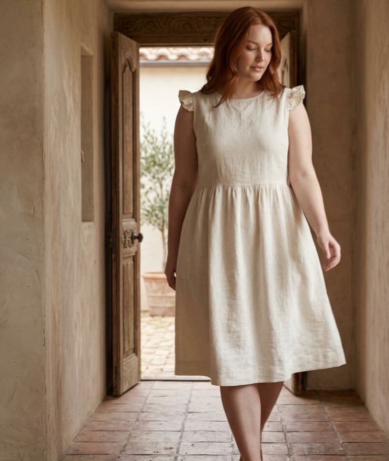 Flutter Sleeve Gathered Linen Dress