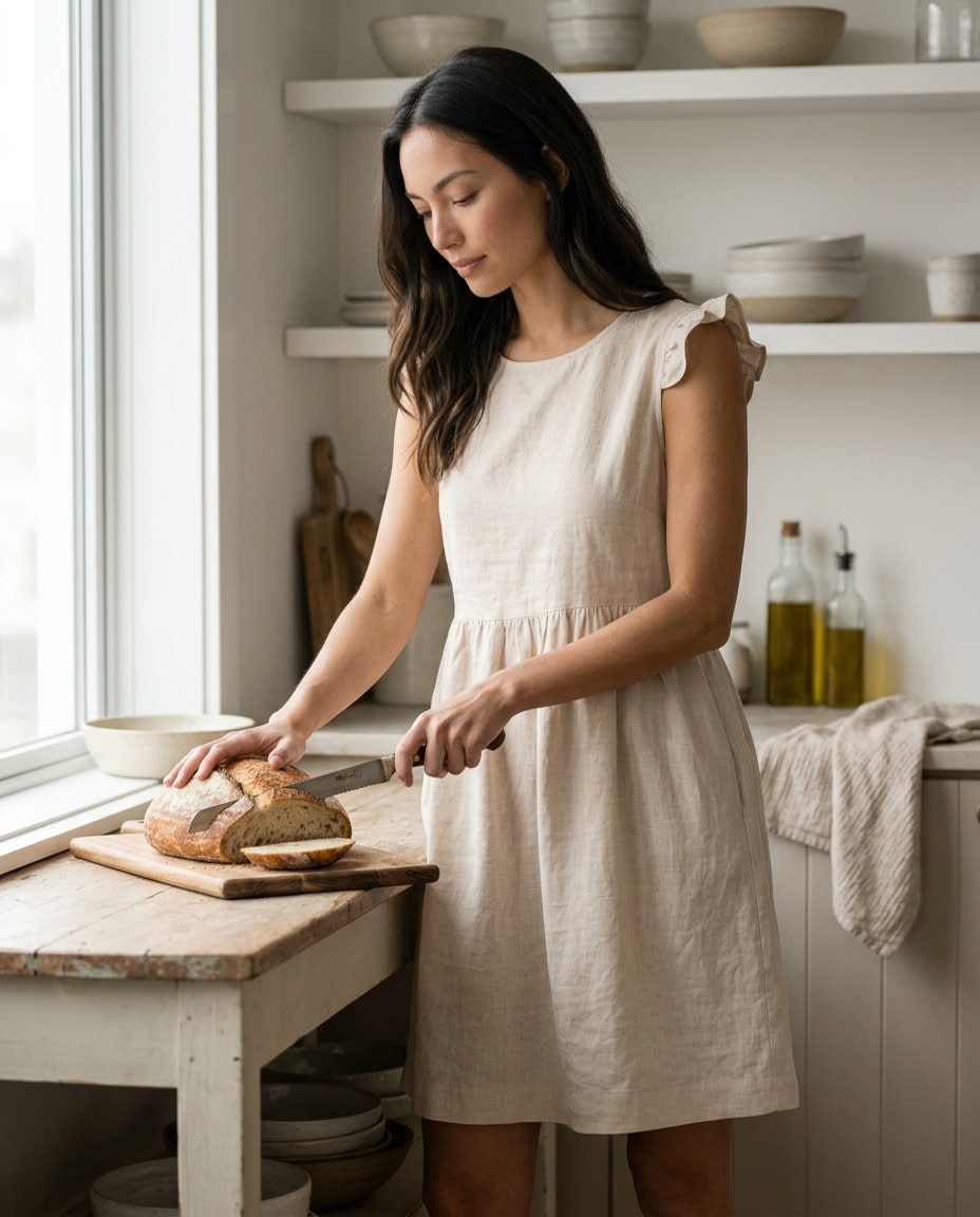 Flutter Sleeve Gathered Linen Dress