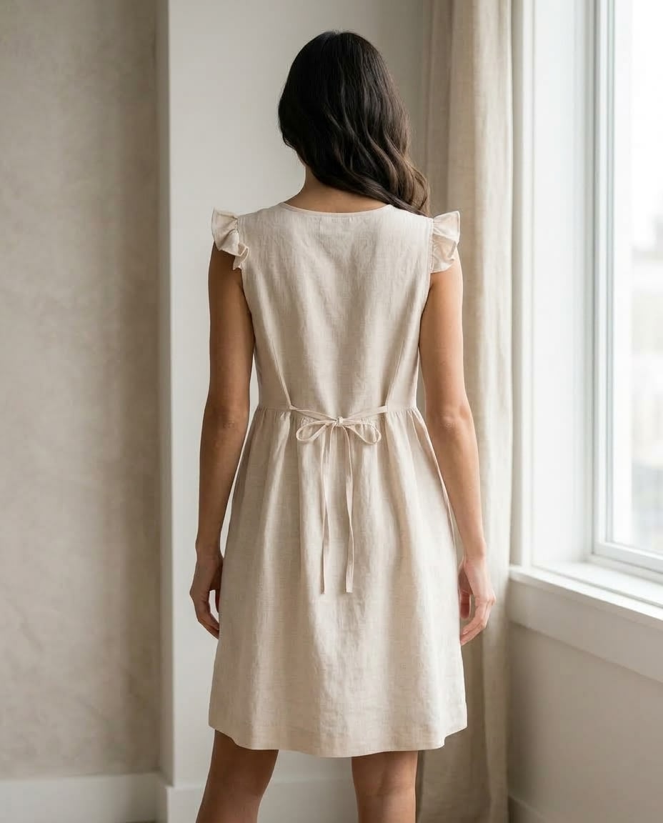 Flutter Sleeve Gathered Linen Dress