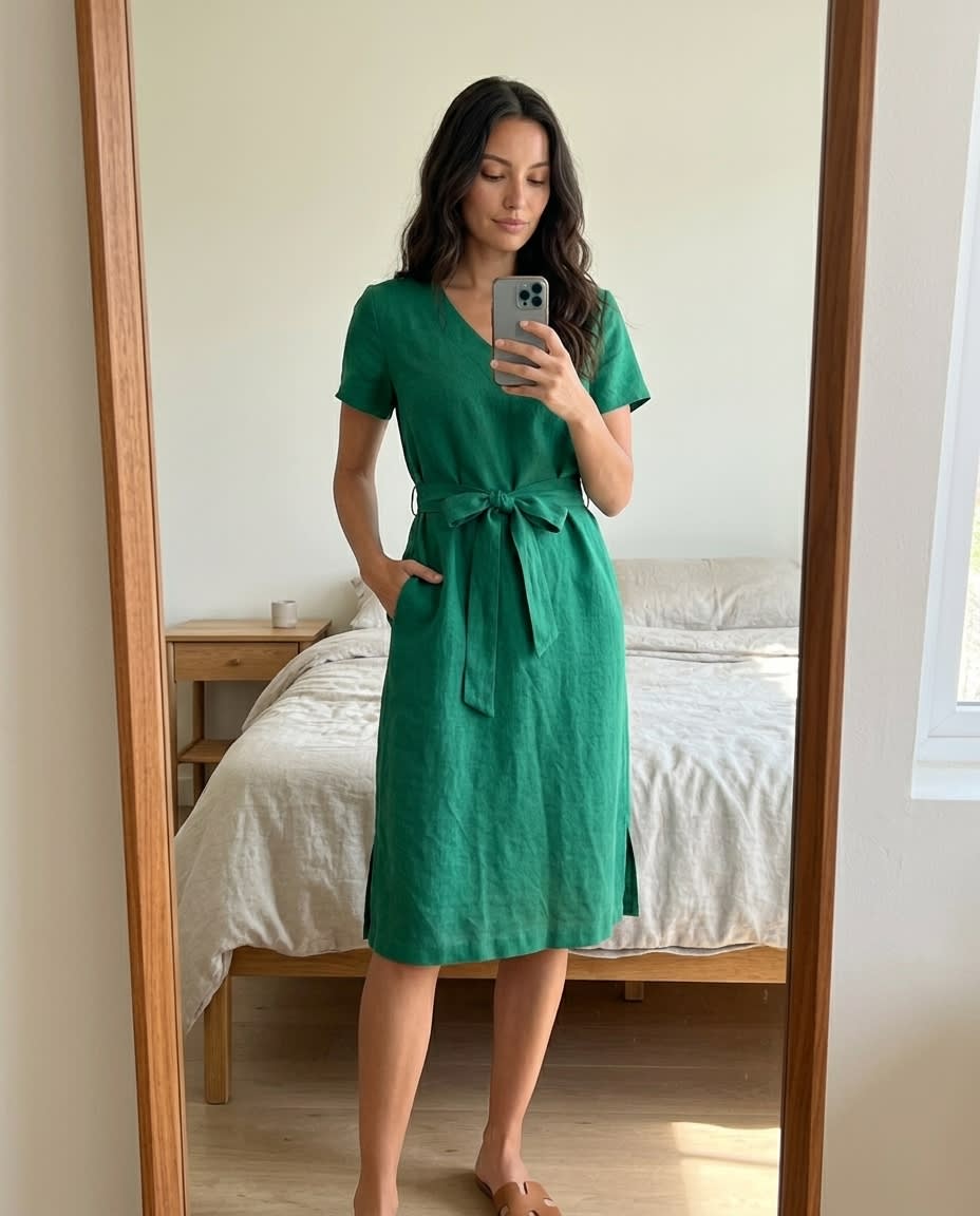 Belted V-Neck Linen Midi Dress