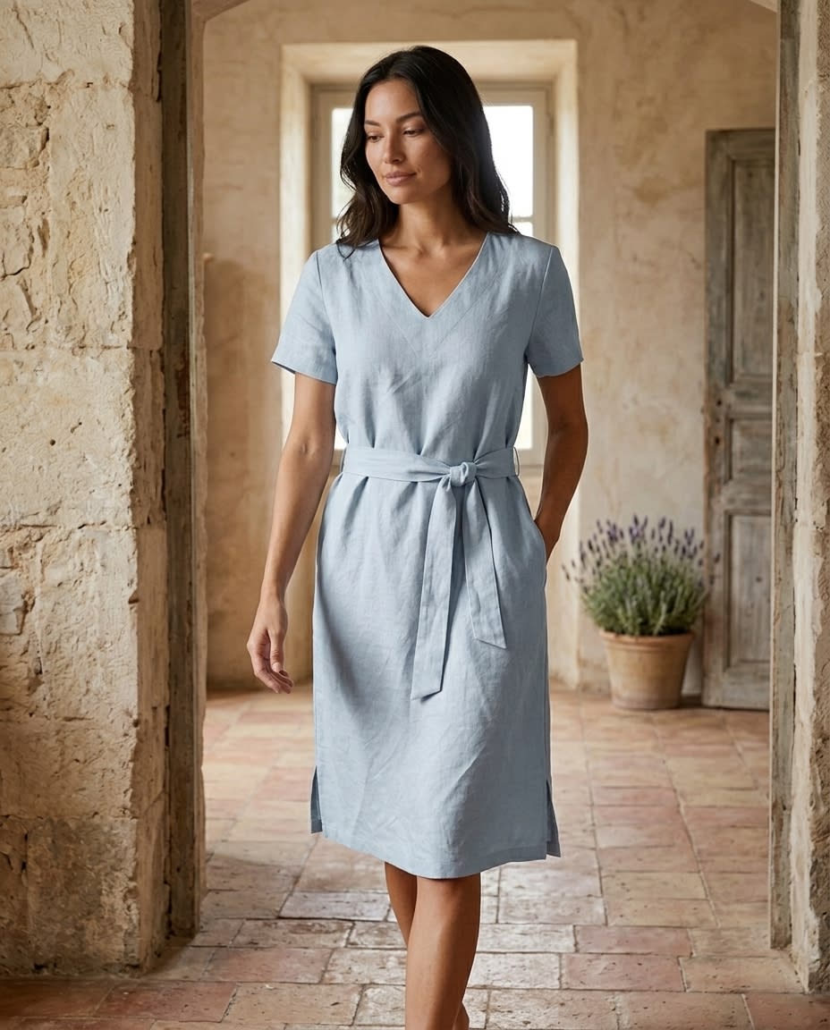 Belted V-Neck Linen Midi Dress