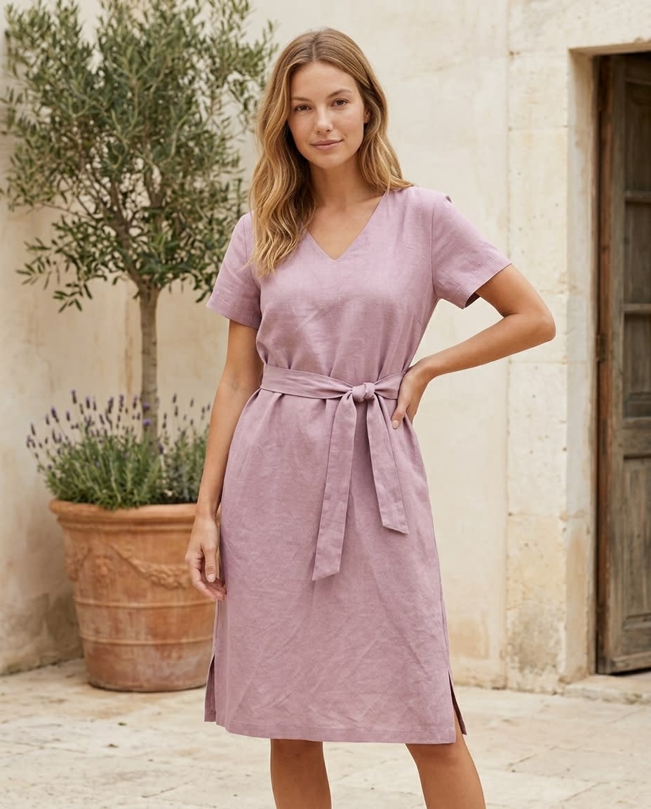 Belted V-Neck Linen Midi Dress