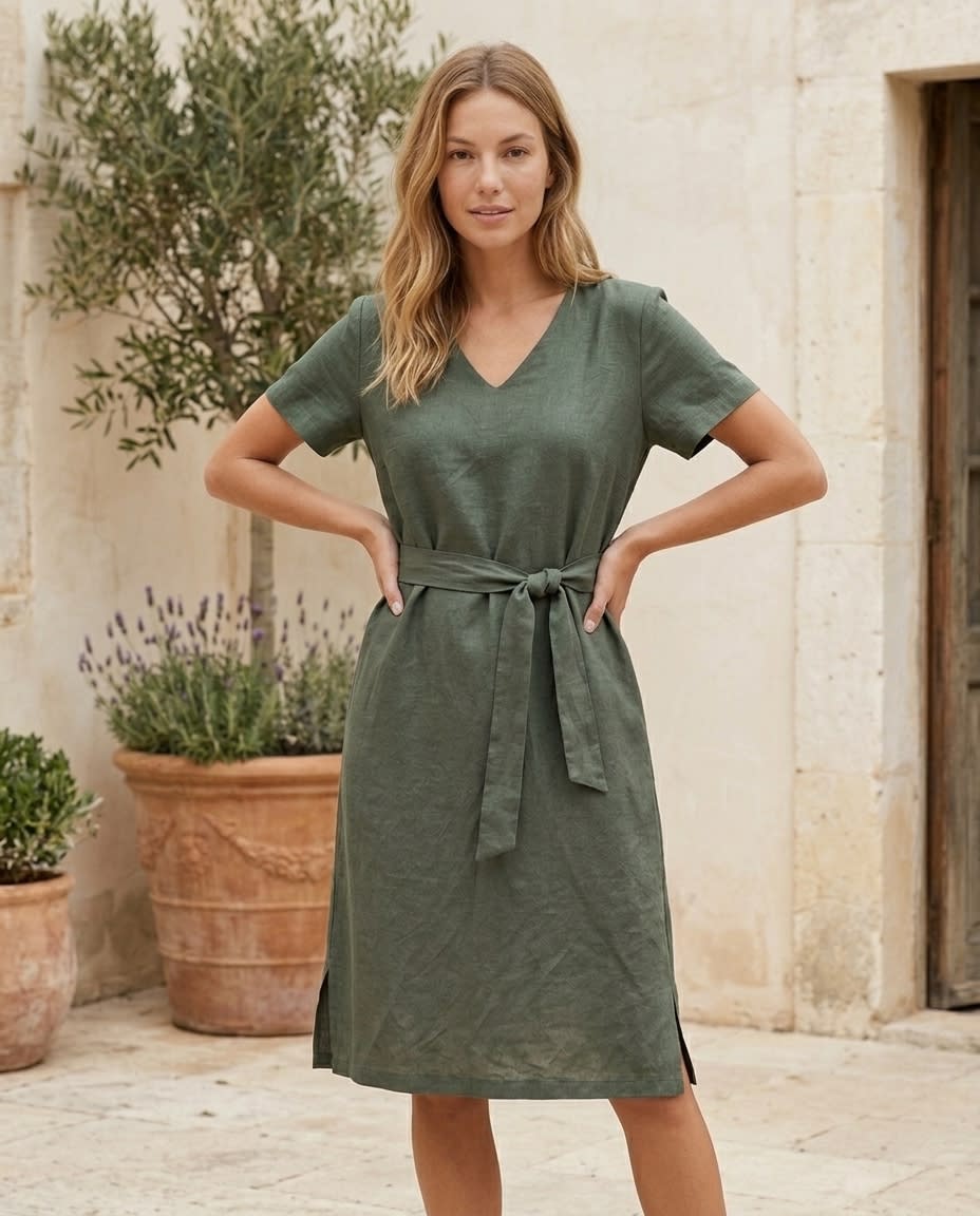 Belted V-Neck Linen Midi Dress