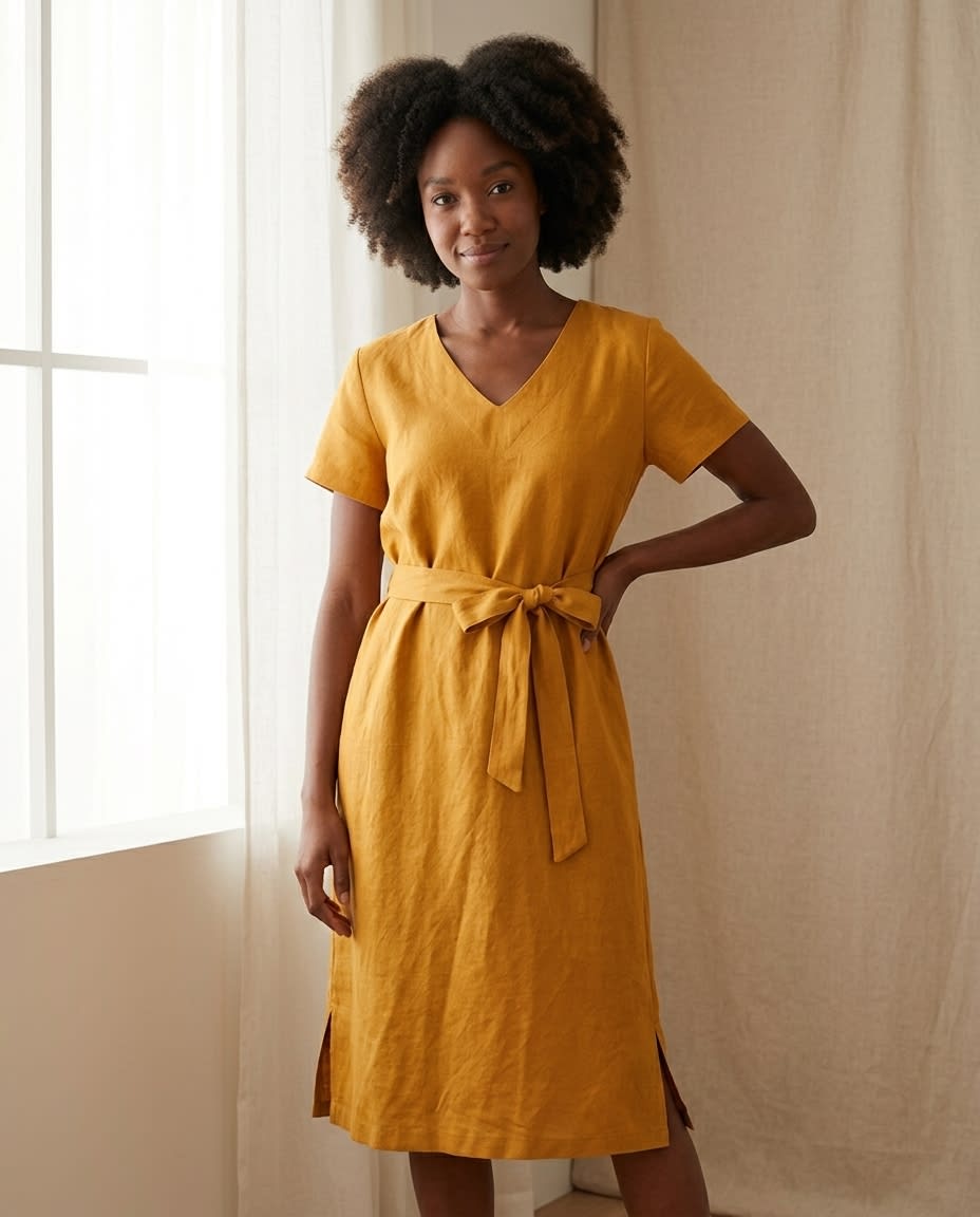 Belted V-Neck Linen Midi Dress